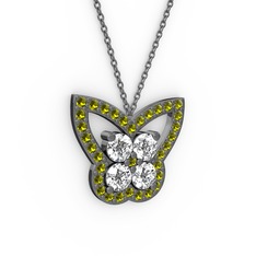 Kelebek Kolye - Peridot ve beyaz zirkon 925 ayar siyah rodyum kaplama gümüş kolye (40 cm gümüş rolo zincir) #nir1na