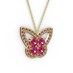 Dumanlı kuvars ve rodolit garnet 18 ayar rose altın kolye (40 cm altın rolo zincir)