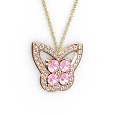 Swarovski ve pembe kuvars 8 ayar rose altın kolye (40 cm altın rolo zincir)