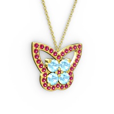 Kelebek Kolye - Rodolit garnet ve akuamarin 18 ayar altın kolye (40 cm gümüş rolo zincir) #ozmzlq