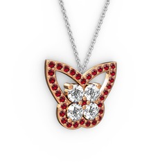 Kelebek Kolye - Garnet ve pırlanta 925 ayar rose altın kaplama gümüş kolye (0.96 karat, 40 cm gümüş rolo zincir) #p57ta4