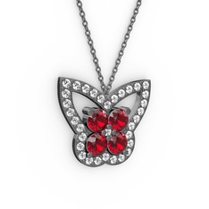 Kelebek Kolye - Pırlanta ve garnet 925 ayar siyah rodyum kaplama gümüş kolye (0.48 karat, 40 cm gümüş rolo zincir) #p67ybq