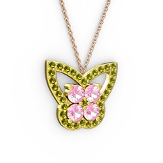 Peridot ve pembe kuvars 14 ayar altın kolye (40 cm rose altın rolo zincir)