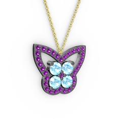 Kelebek Kolye - Ametist ve akuamarin 925 ayar siyah rodyum kaplama gümüş kolye (40 cm gümüş rolo zincir) #pu94j7