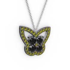 Kelebek Kolye - Peridot ve siyah zirkon 925 ayar siyah rodyum kaplama gümüş kolye (40 cm beyaz altın rolo zincir) #q1rkmr