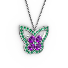 Kelebek Kolye - Yeşil kuvars ve ametist 18 ayar beyaz altın kolye (40 cm gümüş rolo zincir) #q4p2d2