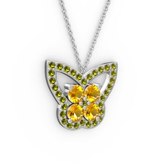 Peridot ve sitrin 8 ayar beyaz altın kolye (40 cm gümüş rolo zincir)