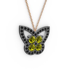 Kelebek Kolye - Siyah zirkon ve peridot 925 ayar siyah rodyum kaplama gümüş kolye (40 cm rose altın rolo zincir) #q629b1