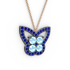 Kelebek Kolye - Lab safir ve akuamarin 925 ayar siyah rodyum kaplama gümüş kolye (40 cm rose altın rolo zincir) #qg2jzx