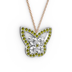 Kelebek Kolye - Peridot ve pırlanta 8 ayar beyaz altın kolye (0.96 karat, 40 cm rose altın rolo zincir) #qh0zz9
