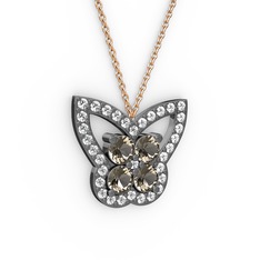 Kelebek Kolye - Swarovski ve dumanlı kuvars 925 ayar siyah rodyum kaplama gümüş kolye (40 cm rose altın rolo zincir) #qlcc9n