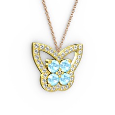 Kelebek Kolye - Beyaz zirkon ve akuamarin 14 ayar altın kolye (40 cm rose altın rolo zincir) #qndtup