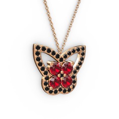 Kelebek Kolye - Siyah zirkon ve garnet 14 ayar rose altın kolye (40 cm rose altın rolo zincir) #qwecg0
