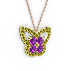 Kelebek Kolye - Peridot ve ametist 8 ayar altın kolye (40 cm rose altın rolo zincir) #r3wns2