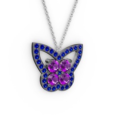 Kelebek Kolye - Lab safir ve ametist 925 ayar siyah rodyum kaplama gümüş kolye (40 cm beyaz altın rolo zincir) #rea1v7