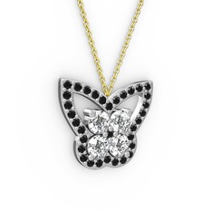 Kelebek Kolye - Siyah zirkon ve swarovski 8 ayar beyaz altın kolye (40 cm altın rolo zincir) #se13hm