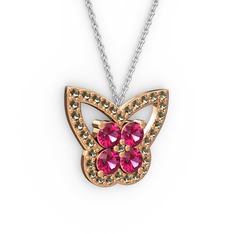 Dumanlı kuvars ve rodolit garnet 8 ayar rose altın kolye (40 cm beyaz altın rolo zincir)