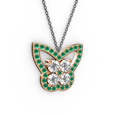 Kelebek Kolye - Kök zümrüt ve beyaz zirkon 14 ayar rose altın kolye (40 cm gümüş rolo zincir) #t5i1th