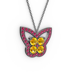 Kelebek Kolye - Rodolit garnet ve sitrin 925 ayar siyah rodyum kaplama gümüş kolye (40 cm gümüş rolo zincir) #t6u4ib