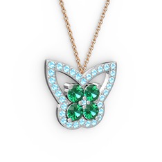 Kelebek Kolye - Akuamarin ve yeşil kuvars 18 ayar beyaz altın kolye (40 cm rose altın rolo zincir) #timb5x