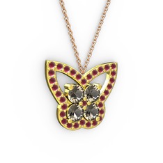 Kelebek Kolye - Kök yakut ve dumanlı kuvars 18 ayar altın kolye (40 cm rose altın rolo zincir) #tya1u4