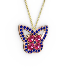 Kelebek Kolye - Lab safir ve rodolit garnet 14 ayar rose altın kolye (40 cm altın rolo zincir) #u4jbhs