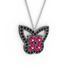 Kelebek Kolye - Siyah zirkon ve rodolit garnet 925 ayar siyah rodyum kaplama gümüş kolye (40 cm beyaz altın rolo zincir) #uxlq0w