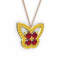 Kelebek Kolye - Sitrin ve garnet 8 ayar altın kolye (40 cm rose altın rolo zincir) #v5cev1