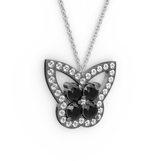 Kelebek Kolye - Swarovski ve siyah zirkon 925 ayar siyah rodyum kaplama gümüş kolye (40 cm gümüş rolo zincir) #wpkphg