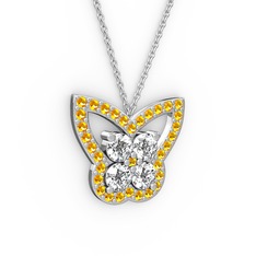 Kelebek Kolye - Sitrin ve beyaz zirkon 14 ayar beyaz altın kolye (40 cm beyaz altın rolo zincir) #x94kkw