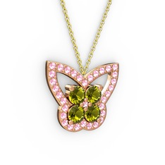 Kelebek Kolye - Pembe kuvars ve peridot 14 ayar rose altın kolye (40 cm altın rolo zincir) #xd61pu