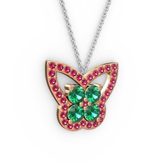 Kelebek Kolye - Rodolit garnet ve yeşil kuvars 8 ayar rose altın kolye (40 cm beyaz altın rolo zincir) #xefgnd