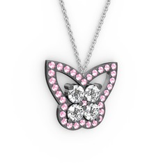 Kelebek Kolye - Pembe kuvars ve beyaz zirkon 925 ayar siyah rodyum kaplama gümüş kolye (40 cm beyaz altın rolo zincir) #xx92xf