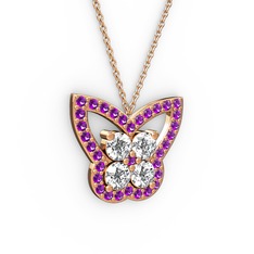 Ametist ve swarovski 8 ayar rose altın kolye (40 cm gümüş rolo zincir)