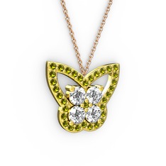 Peridot ve beyaz zirkon 14 ayar altın kolye (40 cm rose altın rolo zincir)