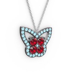 Kelebek Kolye - Akuamarin ve garnet 925 ayar siyah rodyum kaplama gümüş kolye (40 cm beyaz altın rolo zincir) #yfq18v