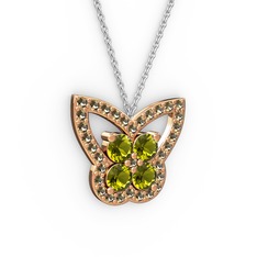 Dumanlı kuvars ve peridot 8 ayar rose altın kolye (40 cm gümüş rolo zincir)