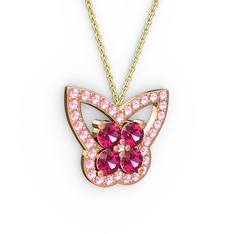 Kelebek Kolye - Pembe kuvars ve rodolit garnet 8 ayar rose altın kolye (40 cm altın rolo zincir) #z3i6wa