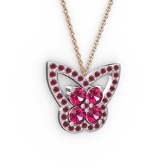 Kök yakut ve rodolit garnet 14 ayar beyaz altın kolye (40 cm rose altın rolo zincir)