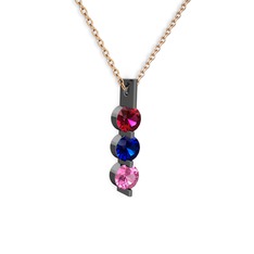 Trinity Taşlı Kolye - Rodolit garnet, lab safir ve pembe kuvars 925 ayar siyah rodyum kaplama gümüş kolye (40 cm rose altın rolo zincir) #10m5tbi