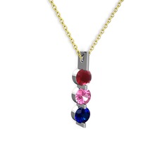 Kök yakut, pembe kuvars ve lab safir 8 ayar beyaz altın kolye (40 cm altın rolo zincir)