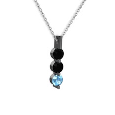Trinity Taşlı Kolye - Siyah zirkon ve akuamarin 925 ayar siyah rodyum kaplama gümüş kolye (40 cm gümüş rolo zincir) #113kdbg