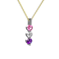 Pembe kuvars, swarovski ve ametist 8 ayar beyaz altın kolye (40 cm altın rolo zincir)