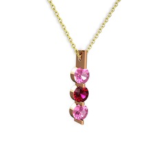 Pembe kuvars ve rodolit garnet 925 ayar rose altın kaplama gümüş kolye (40 cm gümüş rolo zincir)