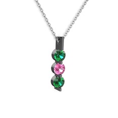 Trinity Taşlı Kolye - Yeşil kuvars ve pembe kuvars 925 ayar siyah rodyum kaplama gümüş kolye (40 cm beyaz altın rolo zincir) #123991a