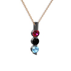 Trinity Taşlı Kolye - Rodolit garnet, siyah zirkon ve akuamarin 925 ayar siyah rodyum kaplama gümüş kolye (40 cm rose altın rolo zincir) #125x971