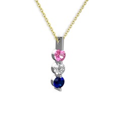 Trinity Taşlı Kolye - Pembe kuvars, swarovski ve lab safir 8 ayar beyaz altın kolye (40 cm altın rolo zincir) #12g1dbn