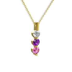 Trinity Taşlı Kolye - Swarovski, ametist ve pembe kuvars 8 ayar altın kolye (40 cm gümüş rolo zincir) #12l6pej