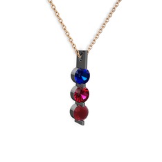 Lab safir, rodolit garnet ve kök yakut 925 ayar siyah rodyum kaplama gümüş kolye (40 cm gümüş rolo zincir)