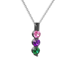 Trinity Taşlı Kolye - Pembe kuvars, ametist ve yeşil kuvars 925 ayar siyah rodyum kaplama gümüş kolye (40 cm beyaz altın rolo zincir) #13rt2b3
